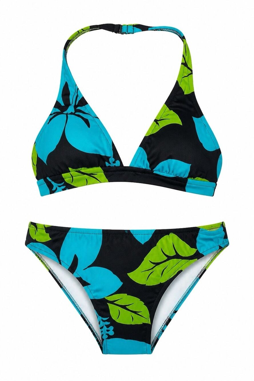 Island Soul Womens Tropical Hibiscus Print 2 piece Bikini Blue Green Black med
